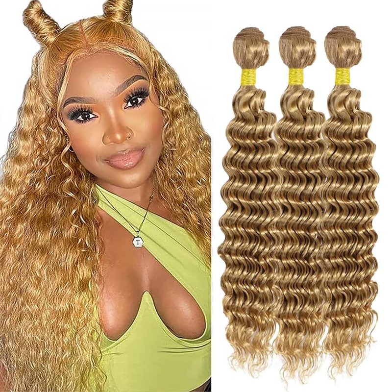 Honey Blonde Human Hair Bundles 14 16 18 Inch Deep Wave Bundles Human Hair Unprocessed Native Virgin Hair 100/PC 3 Extensions #27 Blonde Color Wet and Wavy Human Hair Extensions for Women