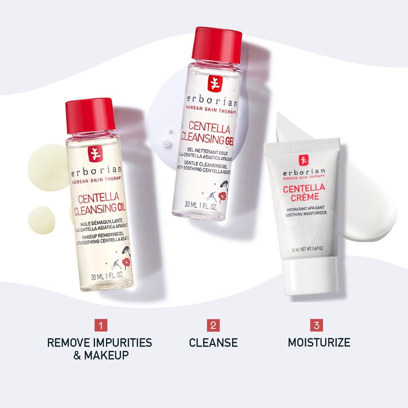 Erborian Centella Routine Travel Kit with Facial Cleansing Oil Makeup Remover (1 fl oz), Facial Cleansing Gel (1 fl oz) & Face Moisturizer Cream (20 ml) - Skin Care for Hydrated & Fresh-Looking Skin