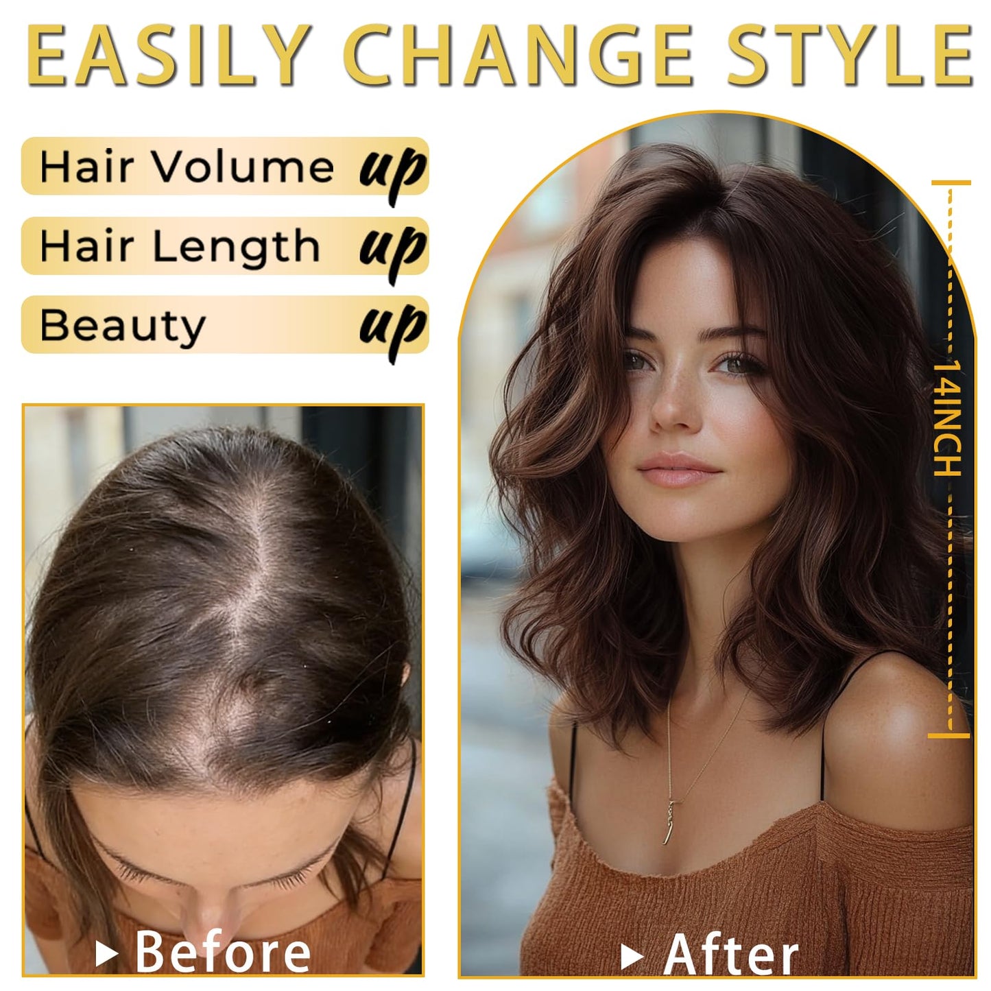 TYQ Hair Toppers for Women with Thinning Hair,14 Inch 360° 3D Synthetic Curly Wavy Side Part Clip in Bangs(Dark Brown Mixed Chestnut)