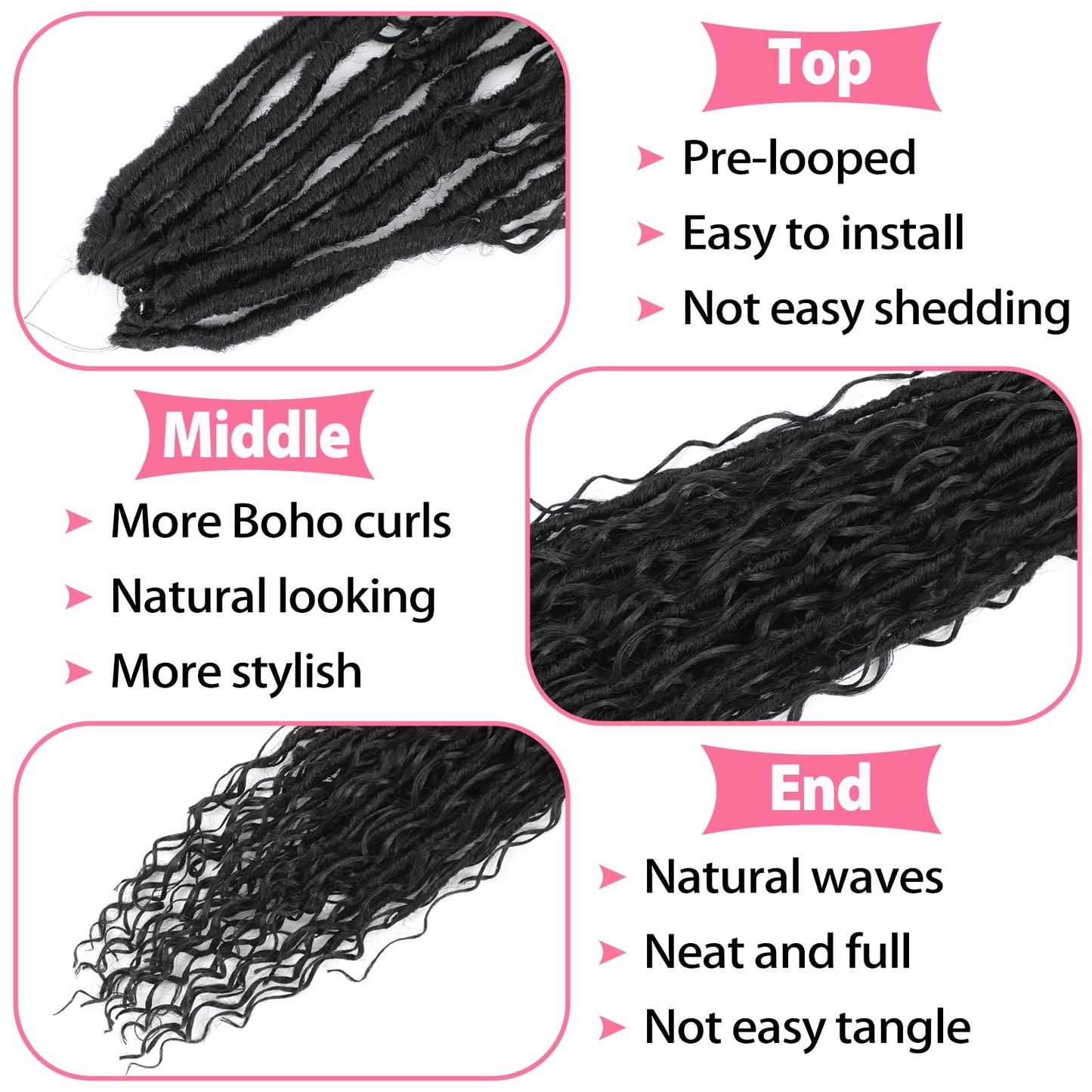 Boho Faux Locs Crochet Hair 18 Inch Goddess Locs 8 Packs Boho Soft Locs Crochet Hair with Curly Ends Pre-looped Long Bohemian River Locs for Black Women (1B, 18 Inch(Pack of 8))