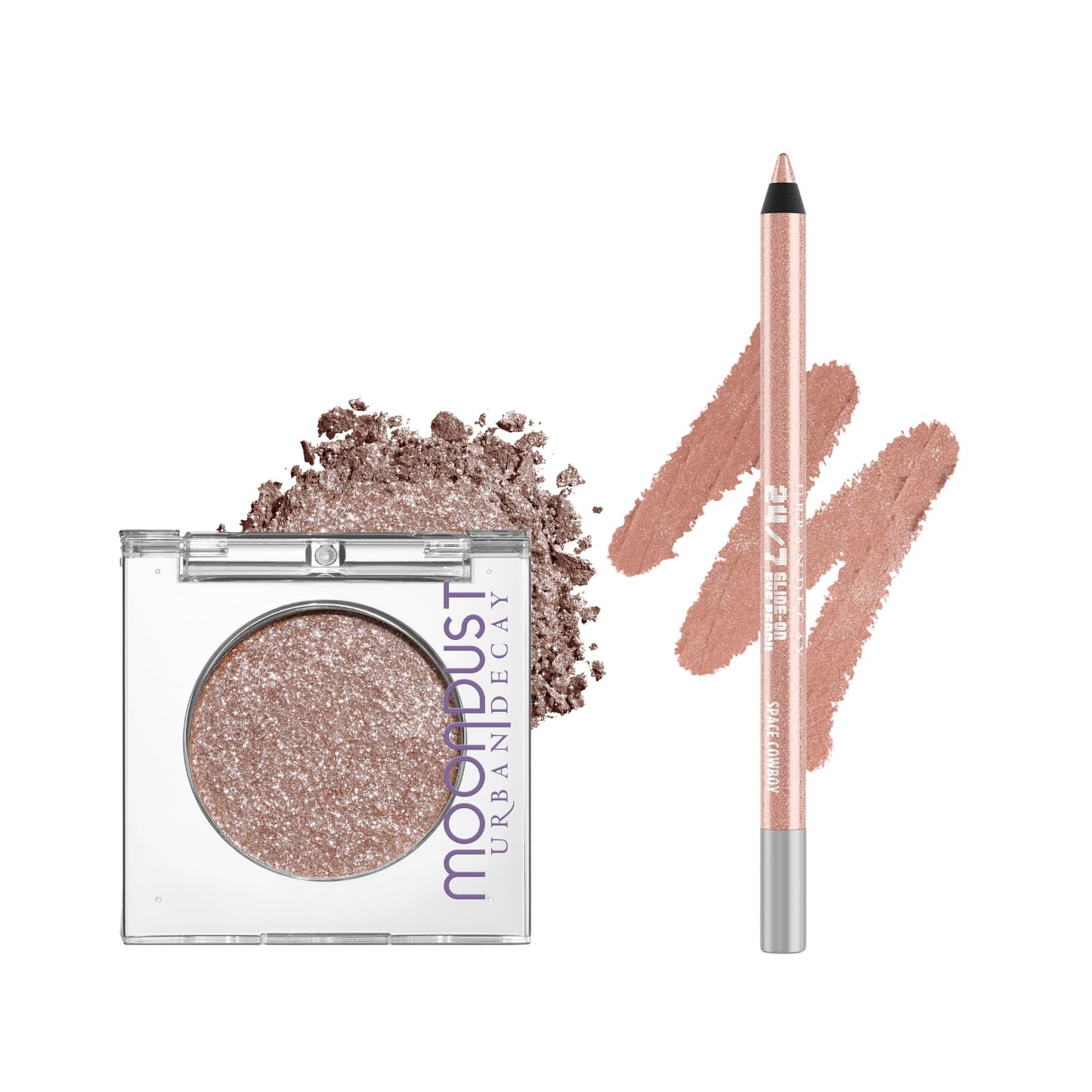 URBAN DECAY Space Cowboy Eyeshadow + Eyeliner Duo Set - Moondust Glittery Eye Shadow (Champagne Gold Silver Sparkle) - 24/7 Waterproof Eyeliner Pencil (Light Peach Shimmer + Silver Glitter)