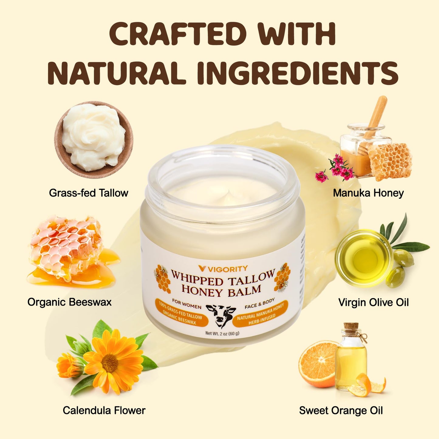 Vigority Beef Tallow and Honey Balm: Organic Grass Fed Whipped Beef Tallow for Skin - Beef Tallow Face Moisturizer Infused with Manuka Honey, Beeswax and Olive Oil - 2 oz, Unscented