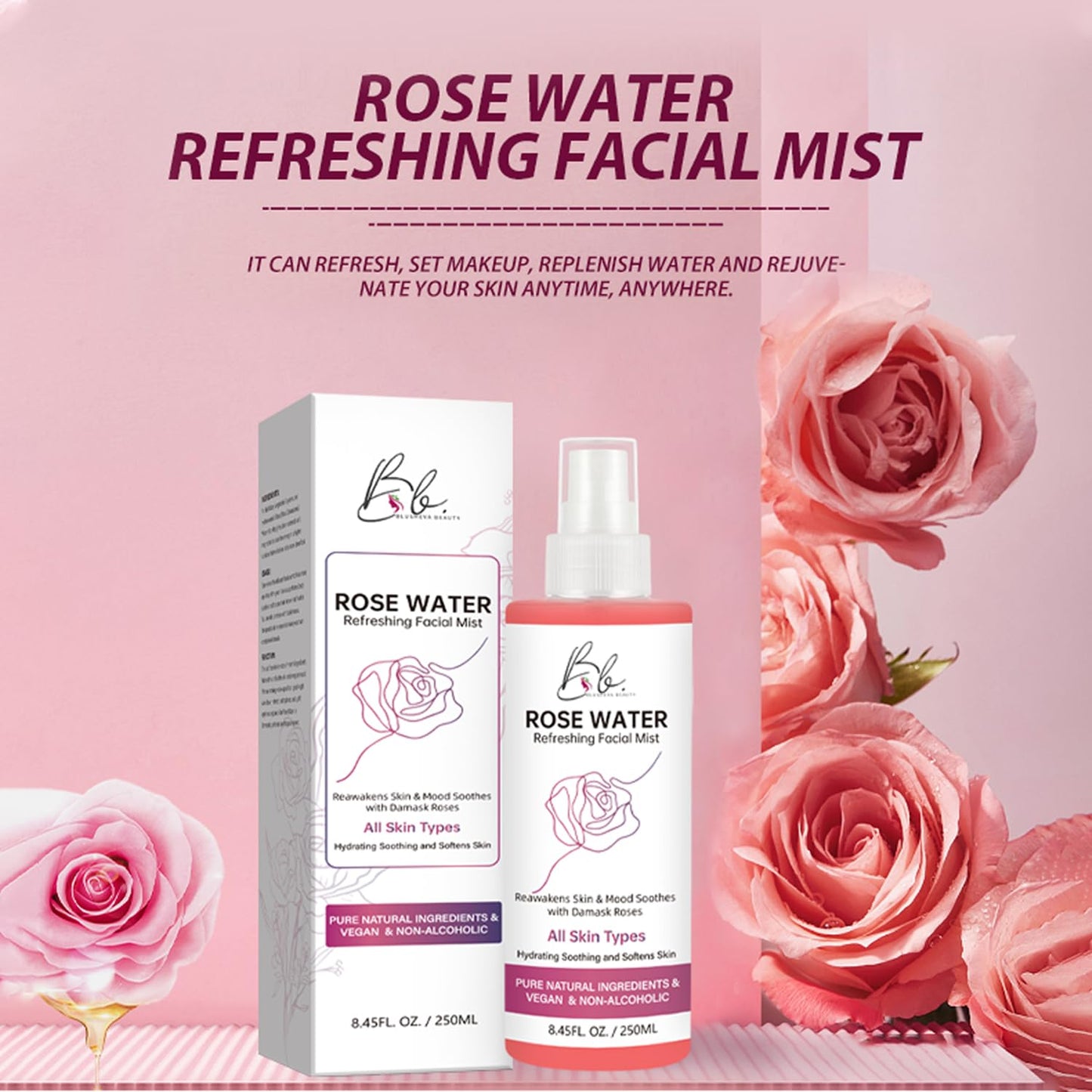 Blusheva Beauty Rosewater Refreshing Facial Mist Hydrating, Soothing & Softening Spray with Damask Roses & Glycerin Pure Natural Ingredients, Vegan, Alcohol-Free, All Skin Types, 8.45 fl oz