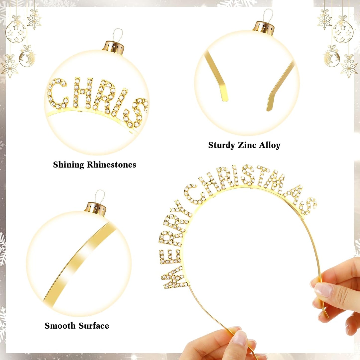 Christmas Headbands Set - 12 Pcs Rhinestone Reindeer Antler & Snowflake Accessories | Gold