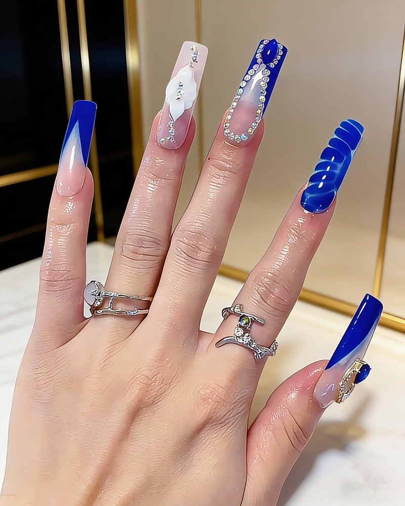 Luxury Handmade Coffin Press-On Nails - Long Length Blue Water Ripple Gem Flower Design | Glossy Full Cover Acrylic, 10pcs