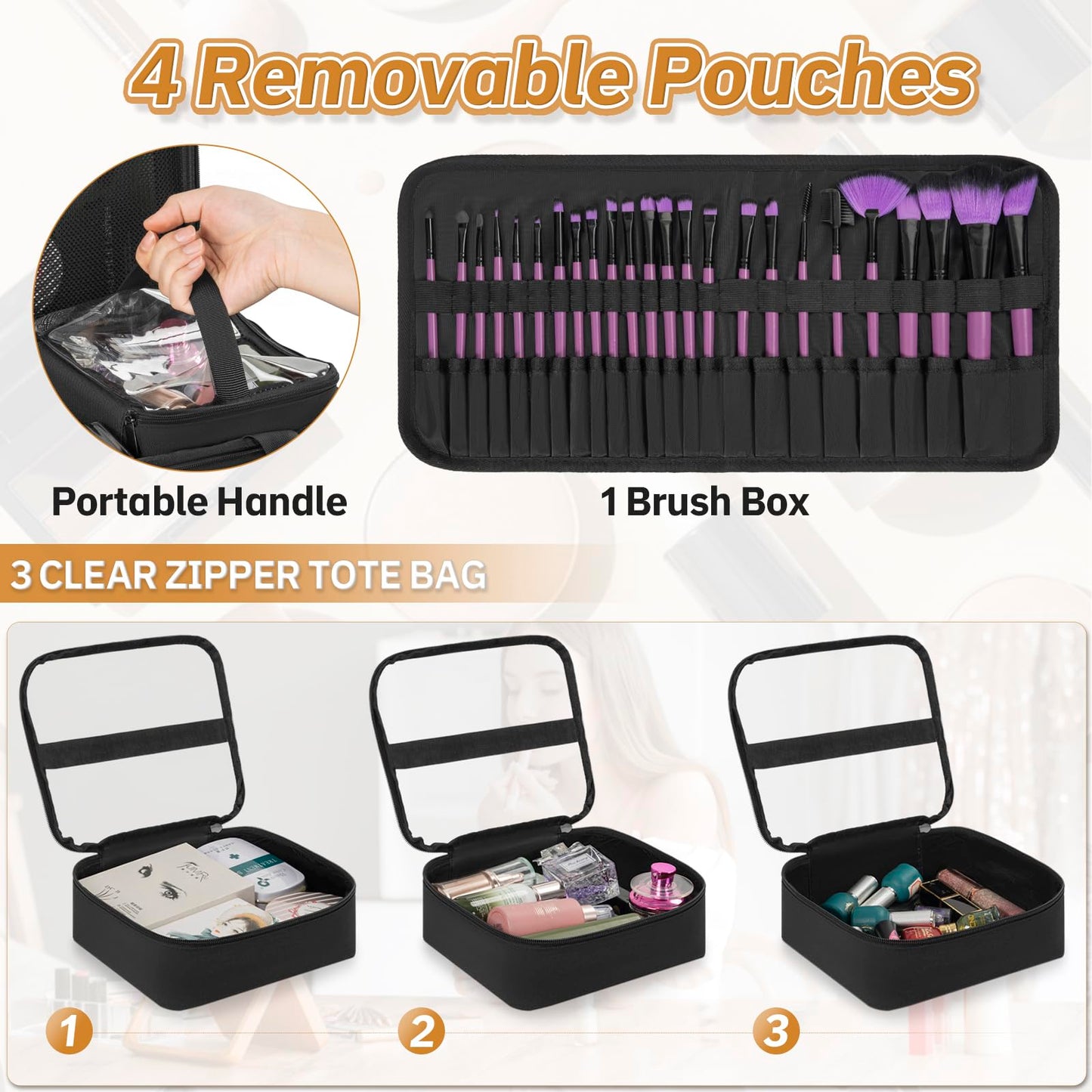 FREEAMG Extra Large Makeup Case with 4 Removable Pouches, Professional Make up Train Case, Travel Cosmetic Bag for Makeup Artist with Shoulder Strap and Handle (Black)（Bag only）