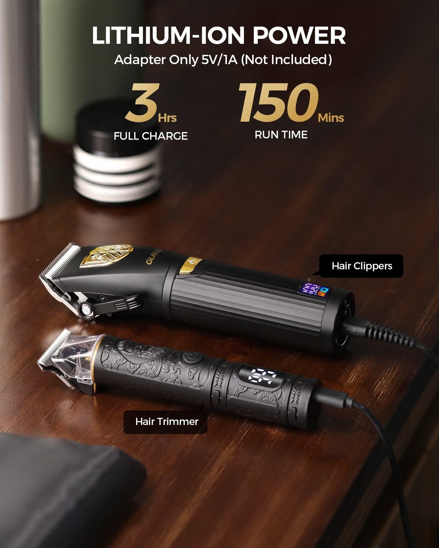 GLAKER Hair Clippers for Men,Professional Mens Hair Clippers Cordless Clippers for Hair Cutting,Precision Trimmer Kit Zero Gap Trimmer with LED Display 15 Guide Combs (Gold)