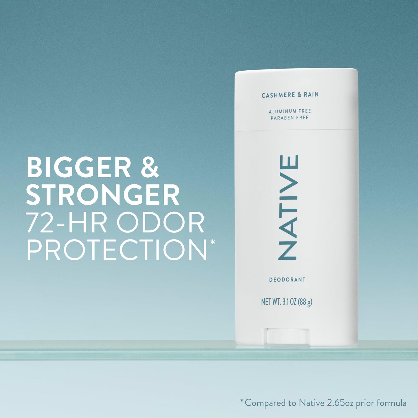 Native Aluminum Free Deodorant, Cashmere & Rain, Large Size Stick, 72 Hour Odor Control, for Women & Men, Contains Naturally Derived Ingredients, 3.1 oz