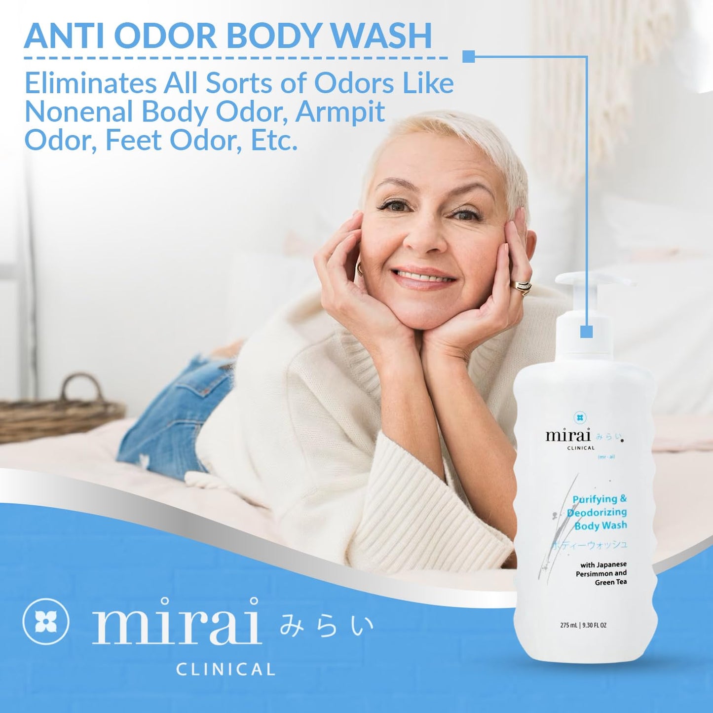 Mirai Clinical Body Odor Eliminator Bundle: Renewing Body Wash & Persimmon Soap Bar Set - Natural Deodorizing with Persimmon & Green Tea Extracts - Nonenal Elimination for Women & Men - 9.29 Fl oz Bod