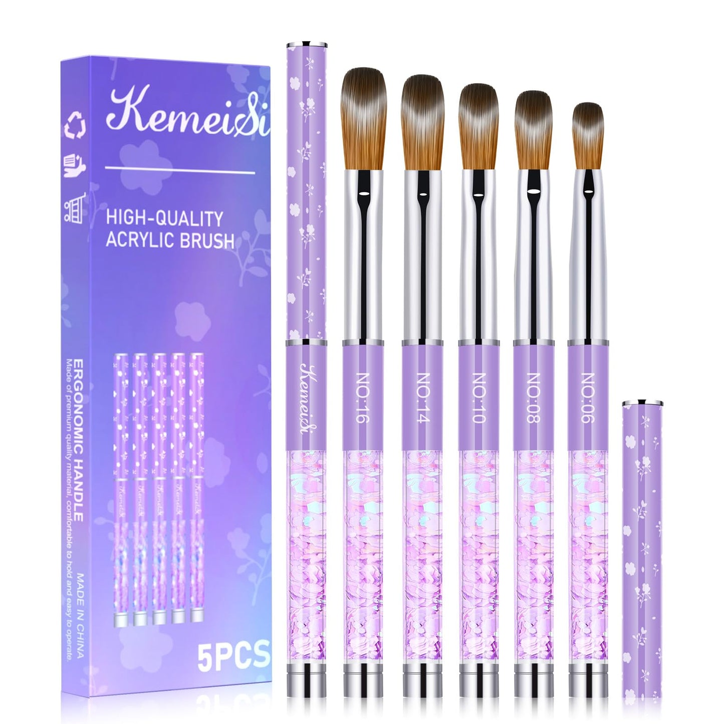 KEMEISI 5PCS Acrylic Nail Brush Set, Sizes 06/08/10/14/16 Kolinsky Art Brushes for Application, Sturdy Handle Oval Shaped Powder Design Tools for Professional Manicure DIY