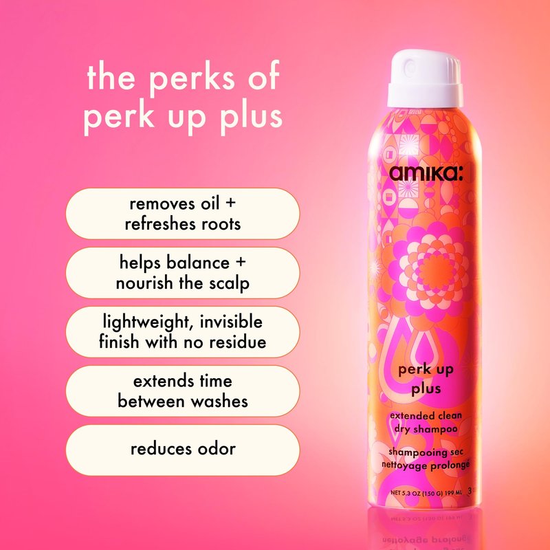 amika Perk Up Plus Extended Clean Dry Shampoo, 2.5oz | revitalizes roots + boosts time between washes with no residue or build up | for all hair types