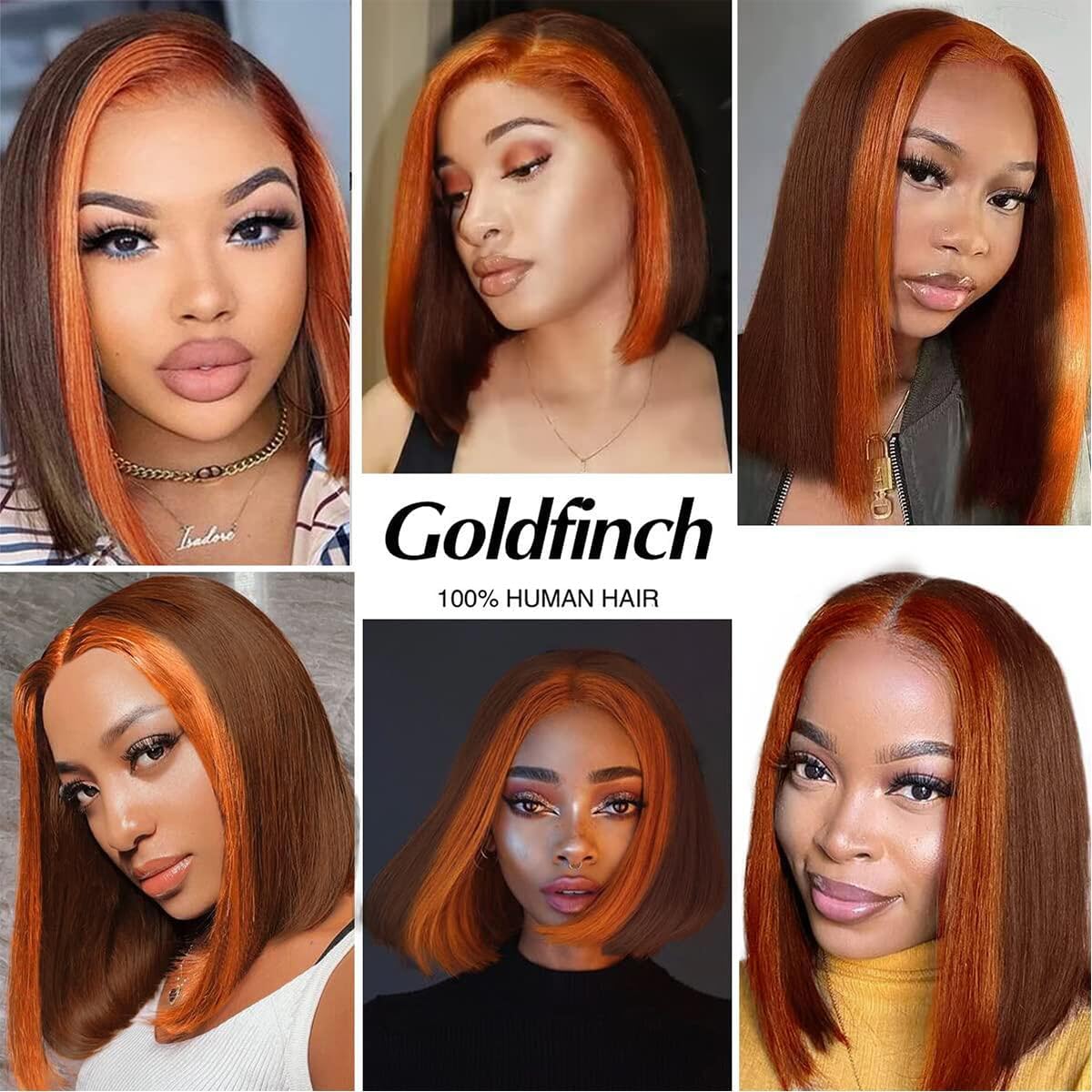 Goldfinch Ginger Orange Highlight Skunk Stripe Short Bob Wigs Human Hair Chocolate Brown Straight Bob Wigs Ombre 13x4 HD Lace Frontal Wigs Brazilian Virgin 150% Density Pre Plucked 8 Inch
