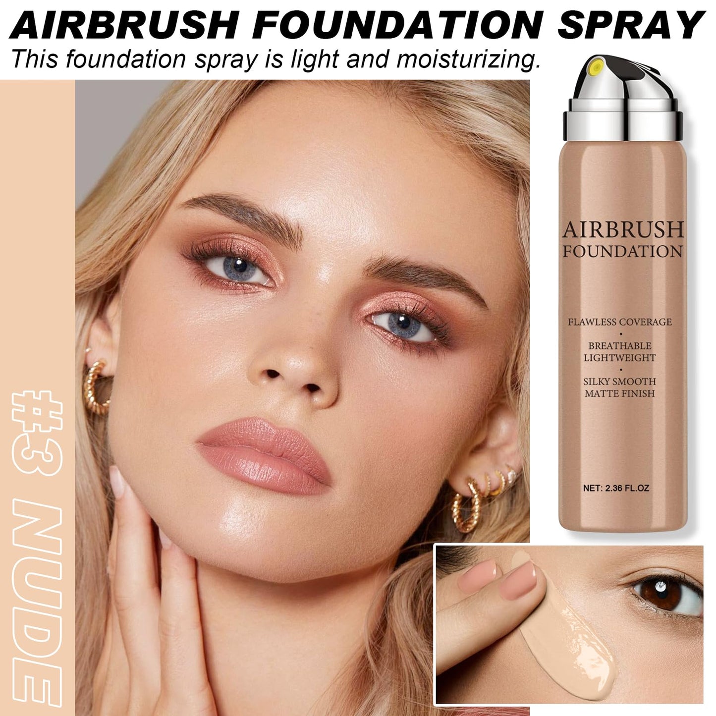 Airbrush Foundation Makeup Spray, Long-lasting Silky Mist Foundation Spray with Brush, Flawless Coverage Foundation for Smooth Radiant Skin, Formula Breathable Moisturizing Makeup (03 Nude)