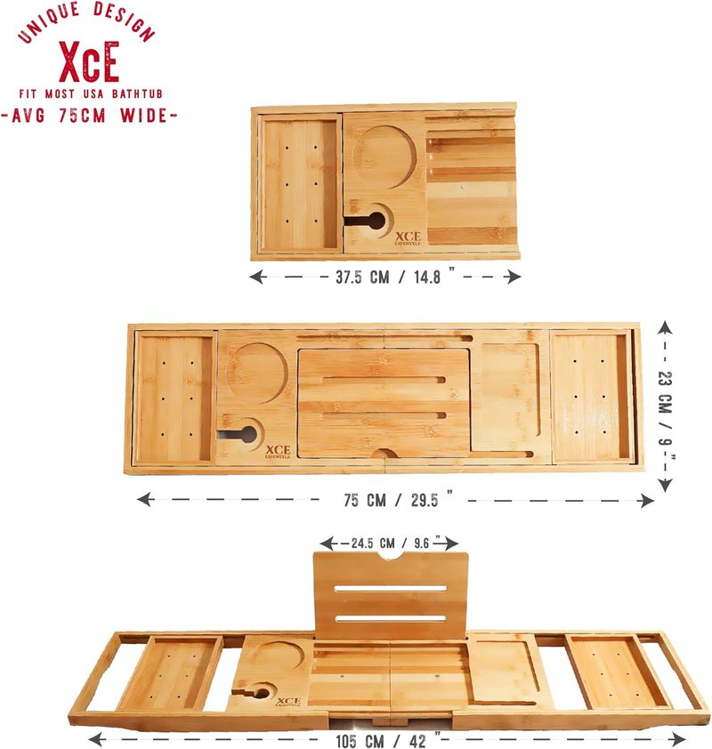 Foldable Bamboo Bathtub Caddy Tray - Expandable to 41 Inches | Non-Slip Pads & Book Stand for Couples
