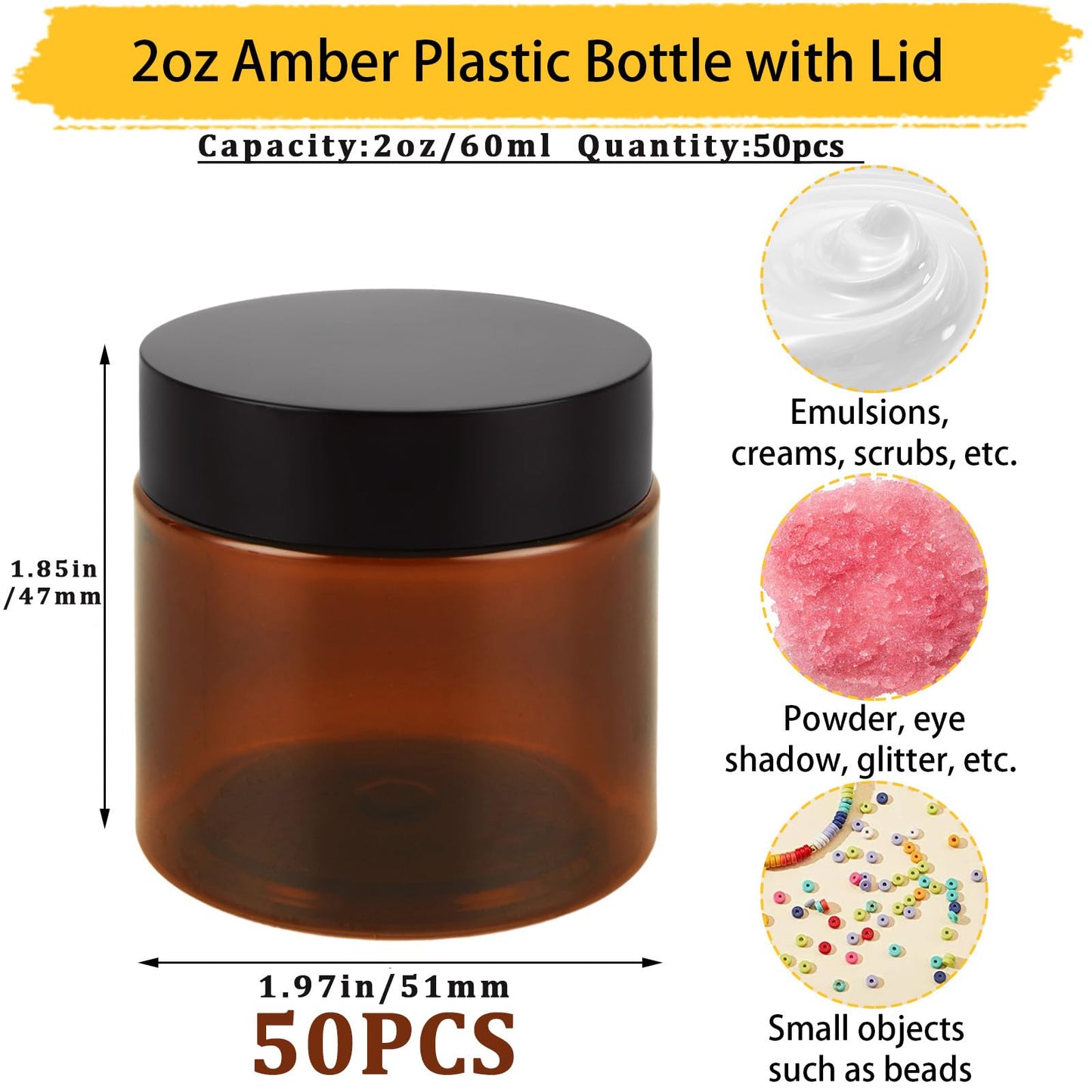 Acrux7 50 Pack 2 oz Amber Plastic Containers with Lids, Empty Amber Plastic Jars Leak Proof 60 ml Small Round Cosmetic Jars for Cream, Lotion, Powder, Scrubs, Bath Salt, Eye Shadow, Beauty Products