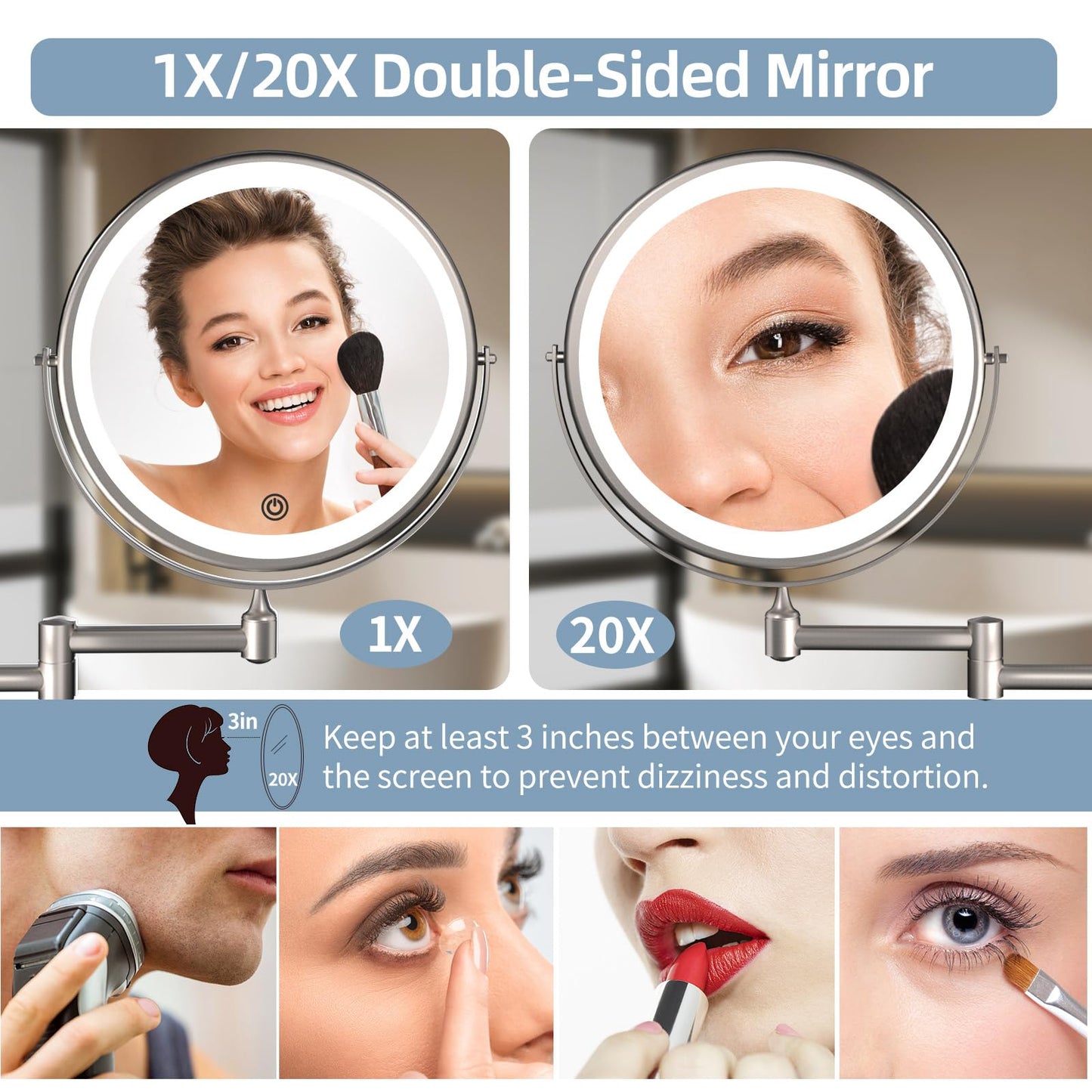 Wall Mounted Makeup Mirror with Lights - 8 Inch Rechargeable Vanity Mirror, 1X/20X Magnifying Dual-Sided, 3 Color Dimmable LED Lights, 4000mAh Battery, Brushed Nickel Finish for Bathroom & Bedroom