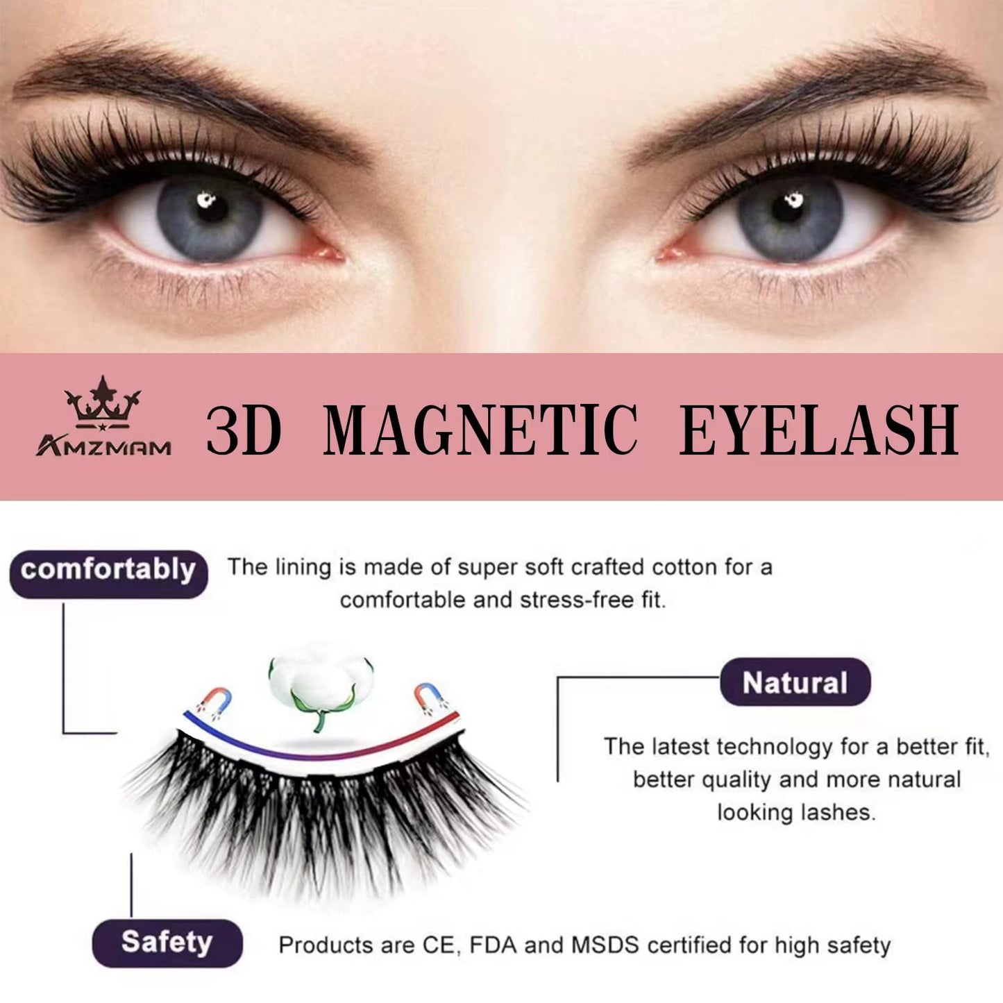 Amzmam Magnetic Eyelashes Natural Look,Magnetic Eyelashes and Eyeliner Kit,Natural Magnetic Lashes,Waterproof, Long Lasting, Easy Apply (Black-9)