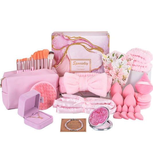40PCS Trendy Stuff Gifts Set for Teen Girls -Makeup Brushes Set + Blending Sponges + Silk Heatless Curling Set + Jewelry Set & Skincare Headbands | Birthday Gift for Daughter, Niece, Her (Pink)