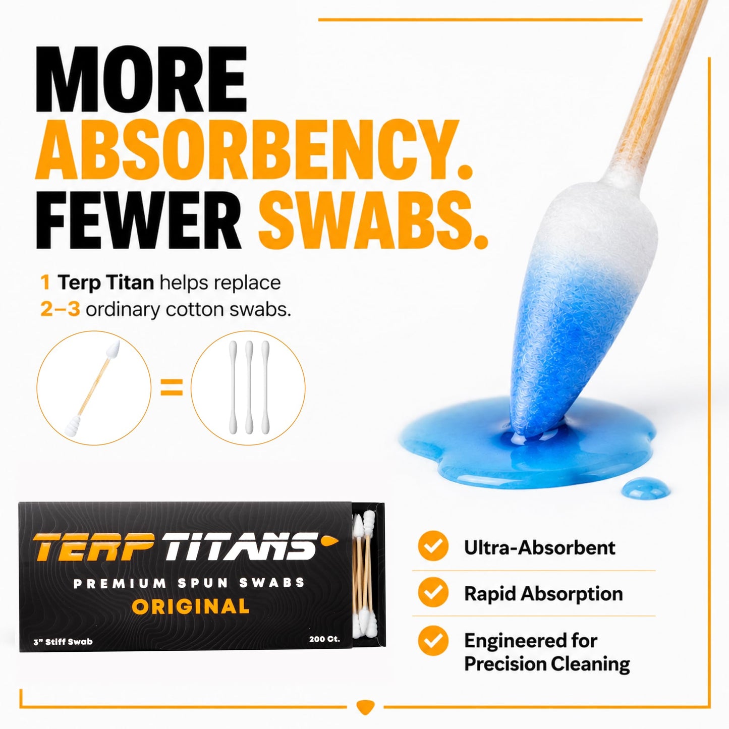 TerpTitans Original – 200ct Boxes (Pack of 6) – Strong Bamboo Cotton Swabs | Dual-Tip: Spiral for Maximum Absorption & Fine Point for Pinpoint Precision
