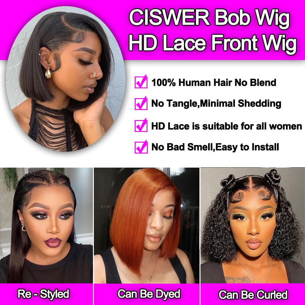 CISWER Short Bob Wig Human Hair Straight 13x4 Lace Front Wig Human Hair Bob Wigs for Black Women Glueless 180 Density Black Wig 12 Inch