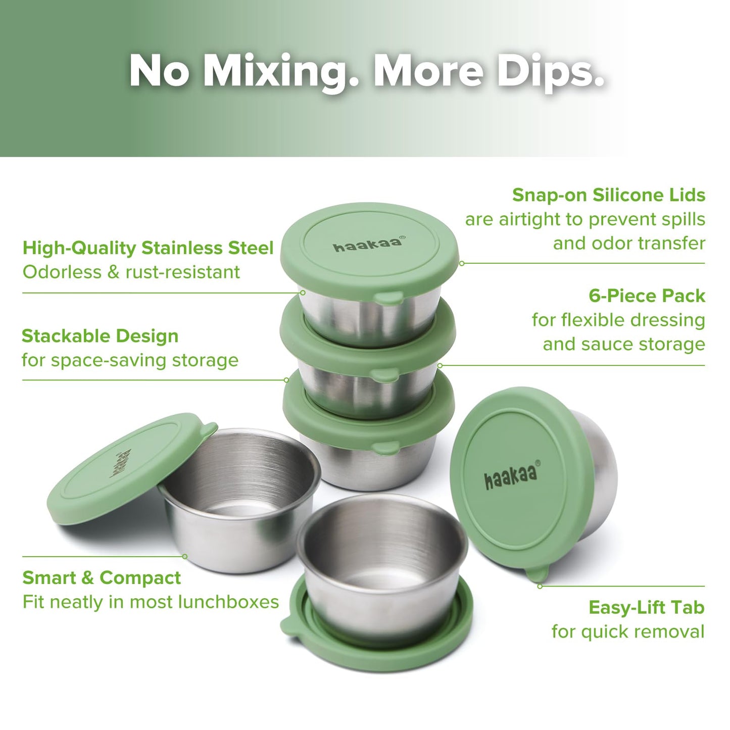 haakaa 6 Pack Small Salad Dressing Container To Go, 1.18 oz Leakproof Condiment Containers with Silicone Lids, Reusable Stainless Steel Sauce Cups for Lunch Box, Meal Prep & Travel