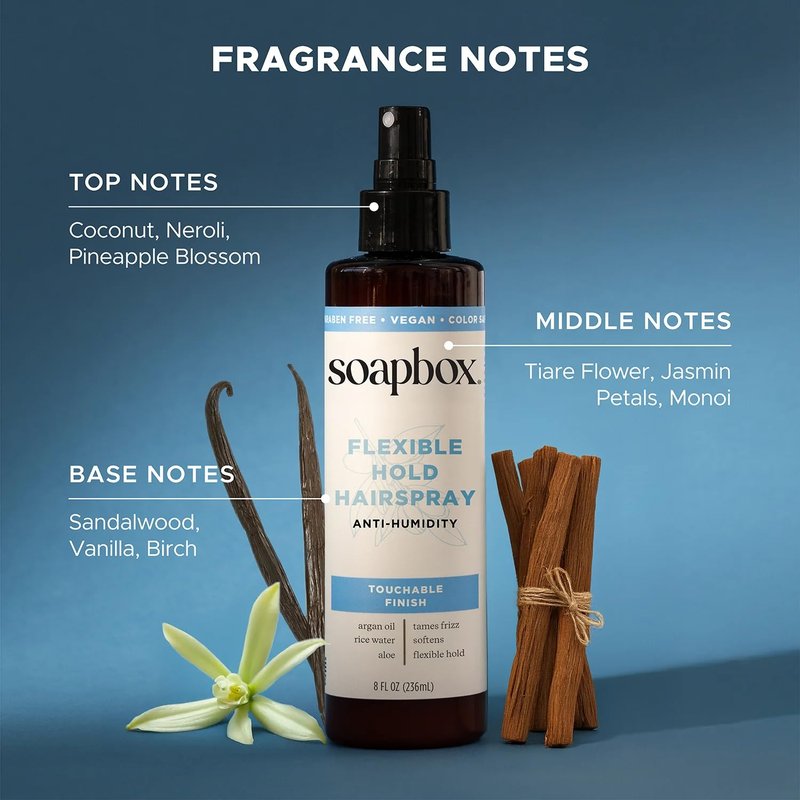 Soapbox Non Aerosol Hairspray, Anti Humidity & Flexible Hold Hairspray Adds Shine & Controls Frizz - Scented Anti Frizz Hair Spray with B5 & Aloe Vera - Touchable, Light, Soft Hold, Non-Aerosol - 8oz