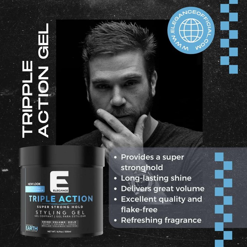 E Elegance Earth Fragrance Triple Action Hair Gel for Men And Women - Super Strong Hold, Extreme Volume, And Long Lasting Shine - Flake Free And Refreshing Fragrance - All Hair Types, 8.45oz