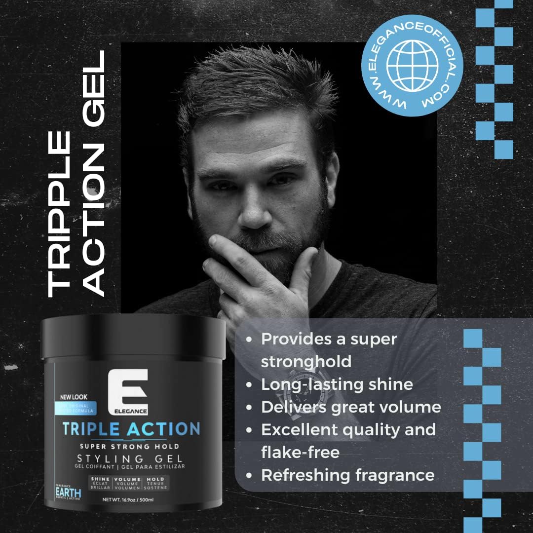 E Elegance Earth Fragrance Triple Action Hair Gel for Men And Women - Super Strong Hold, Extreme Volume, And Long Lasting Shine - Flake Free And Refreshing Fragrance - All Hair Types, 8.45oz