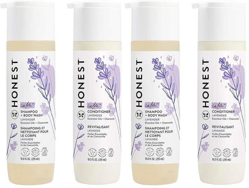 The Honest Company Baby Shampoo, Body Wash & Conditioner Duo, 2-in-1 Cleansing, Silicone-Free, Naturally Derived, Lavender Calm Scent, 10 fl oz (Pack of 4)