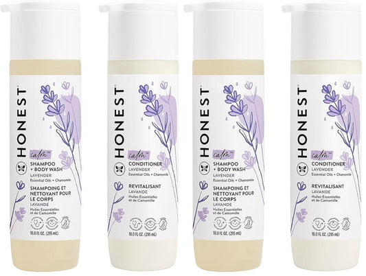 The Honest Company Baby Shampoo, Body Wash & Conditioner Duo, 2-in-1 Cleansing, Silicone-Free, Naturally Derived, Lavender Calm Scent, 10 fl oz (Pack of 4)