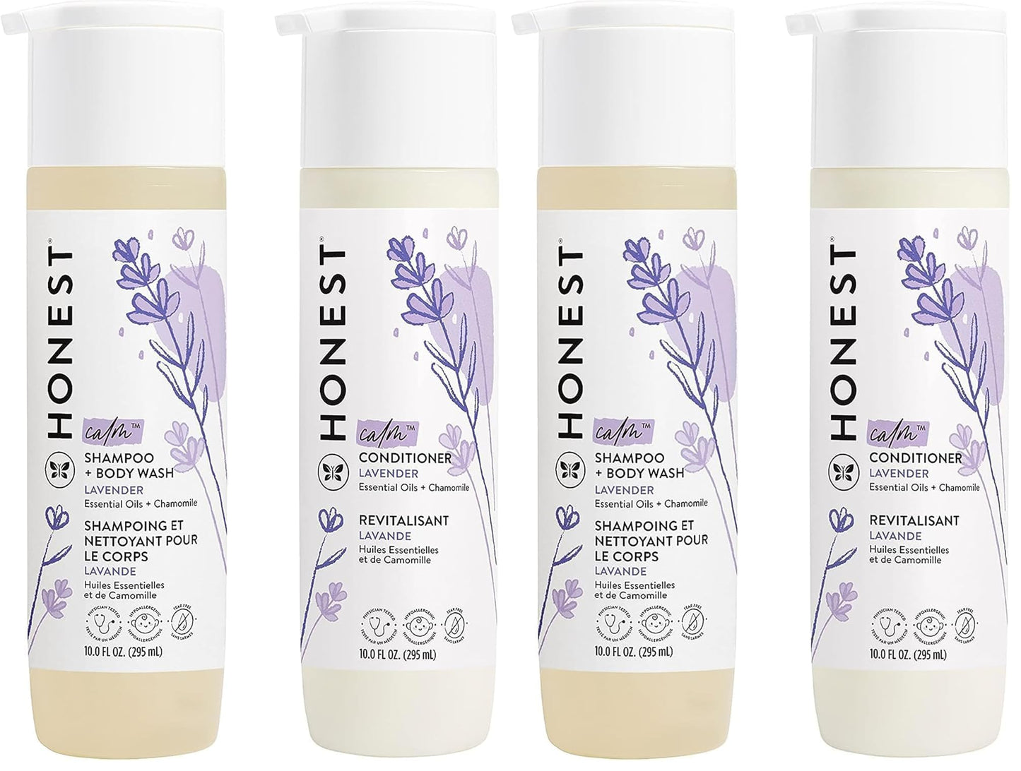 The Honest Company Baby Shampoo, Body Wash & Conditioner Duo, 2-in-1 Cleansing, Silicone-Free, Naturally Derived, Lavender Calm Scent, 10 fl oz (Pack of 4)