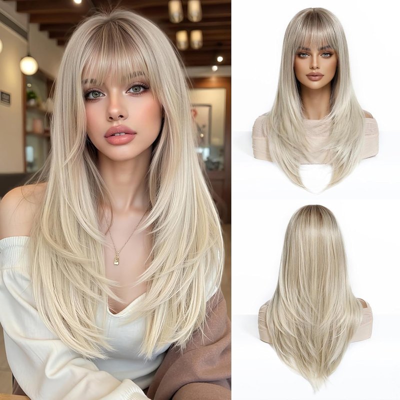 Long Straight Blonde Wig for Women - Ombre Synthetic Hair with Fringe | Perfect for Daily & Party Wear