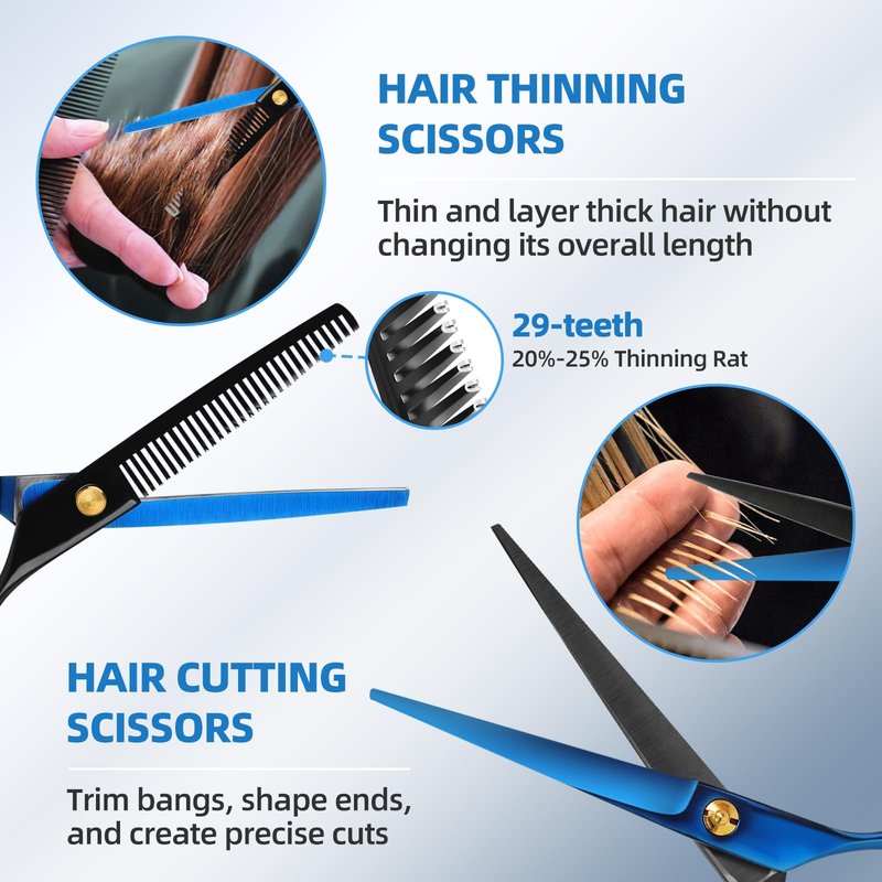 Ethyxe Hair Cutting Shears Sets - Professional 9 PCS Haircut Scissors Kit with 6.5" Thinning/Texturizing Scissors (29 Teeth) and Straight Shears for Men Women Home Salon (Black & Blue)