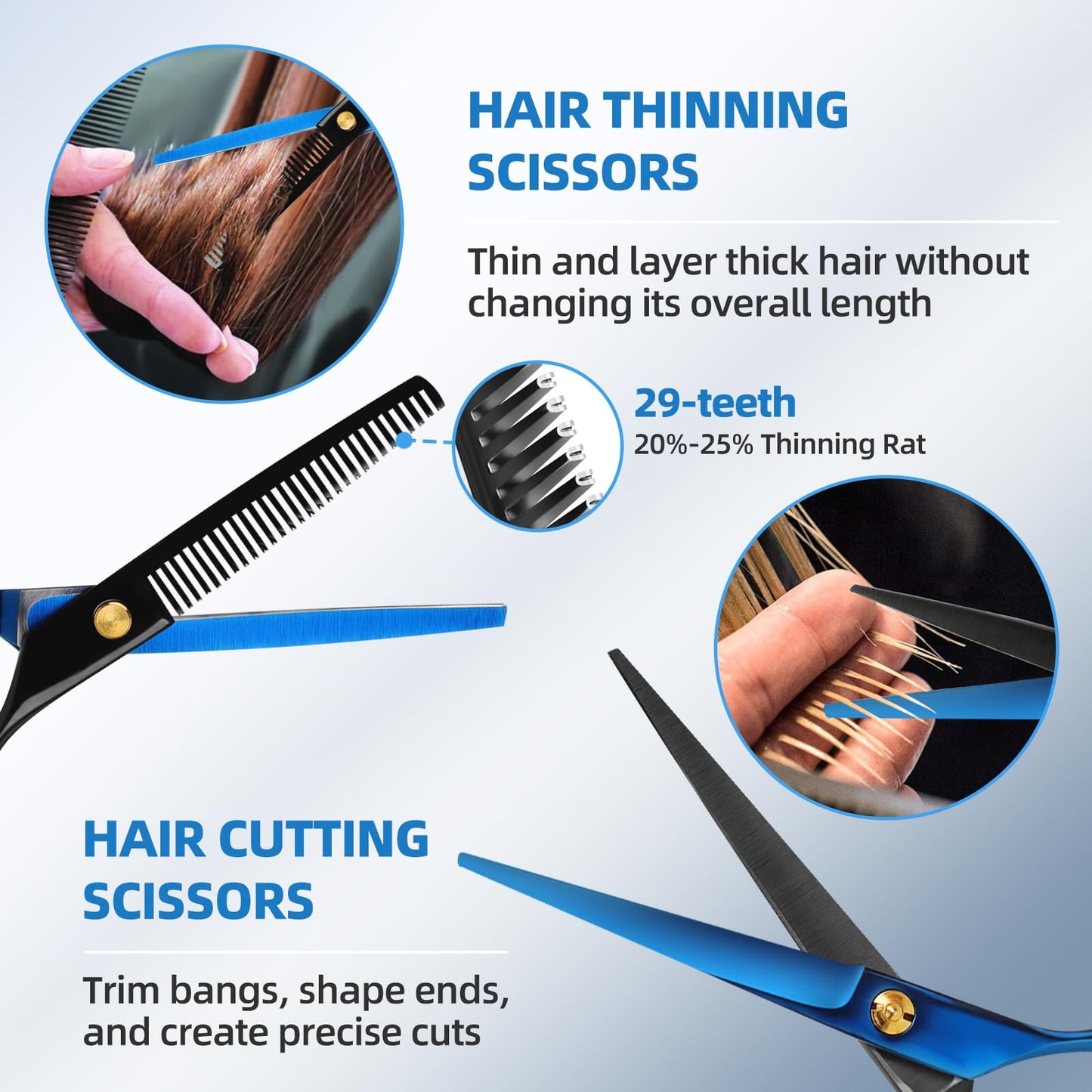Ethyxe Hair Cutting Shears Sets - Professional 9 PCS Haircut Scissors Kit with 6.5" Thinning/Texturizing Scissors (29 Teeth) and Straight Shears for Men Women Home Salon (Black & Blue)