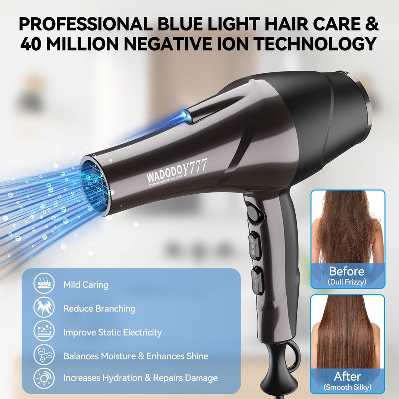 WADODO Ionic Hair Dryer, 2200W Professional Blow Dryer Fast Drying Travel AC Motor Constant Temperature Low Noise Ion Dryers Curly Care Hairdryer Blowdryer for Women Men