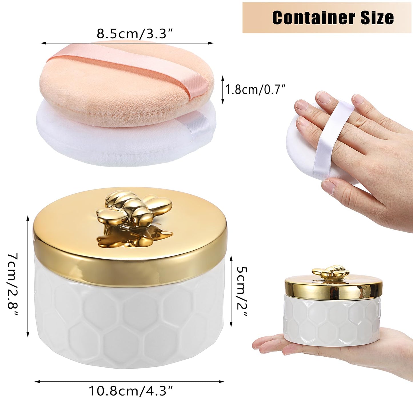 ELLDOO Body Powder Puff and Container, Ceramic Loose Dusting Powder Storage Box with 2pcs Powder Puffs for Baby Women, Jewelry Trinket Box with Golden Bee Lid