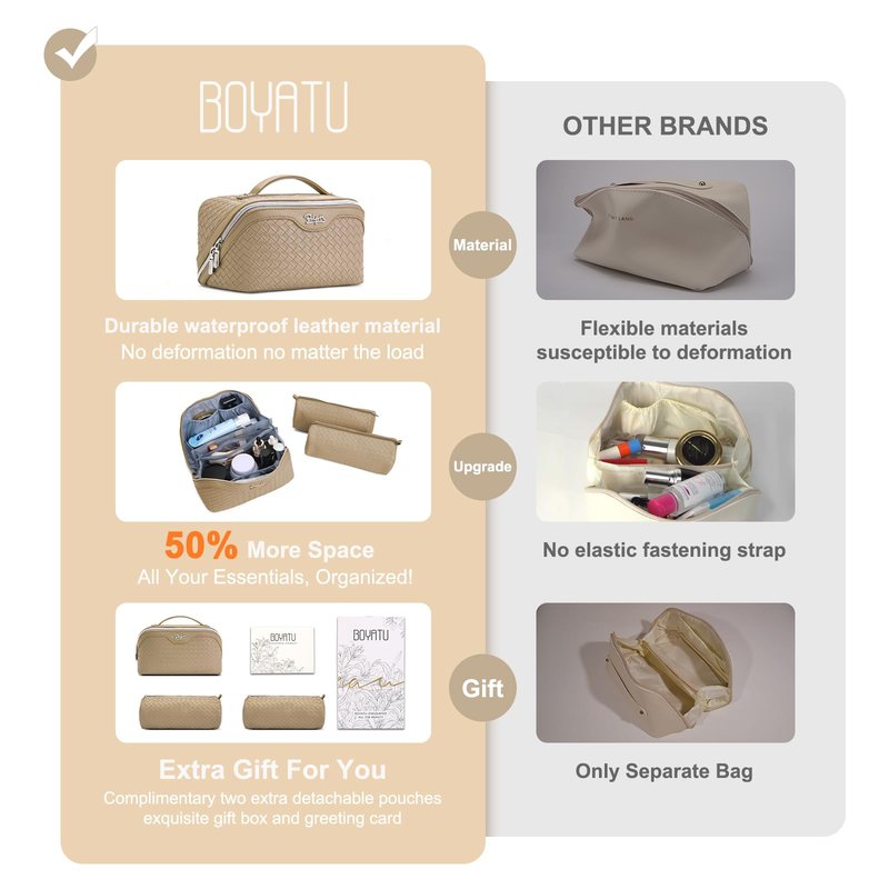 BOYATU Travel Makeup Bag Cosmetic Bags for Women: Large Capacity 3 Pcs Set Make up Bag with Compartments - Waterproof Vegan Leather Toiletry Organizer Bags with Handle (L12 Apricot)