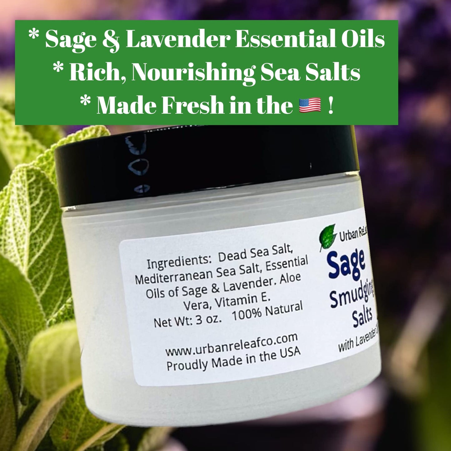 Urban ReLeaf Sage Smudging Salts with Lavender Oil ! Safe & Smokeless Smudge Cleanse Protect Bless Anointing. Fresh from USA! 100% Natural, Vegan. (Pack of 2)