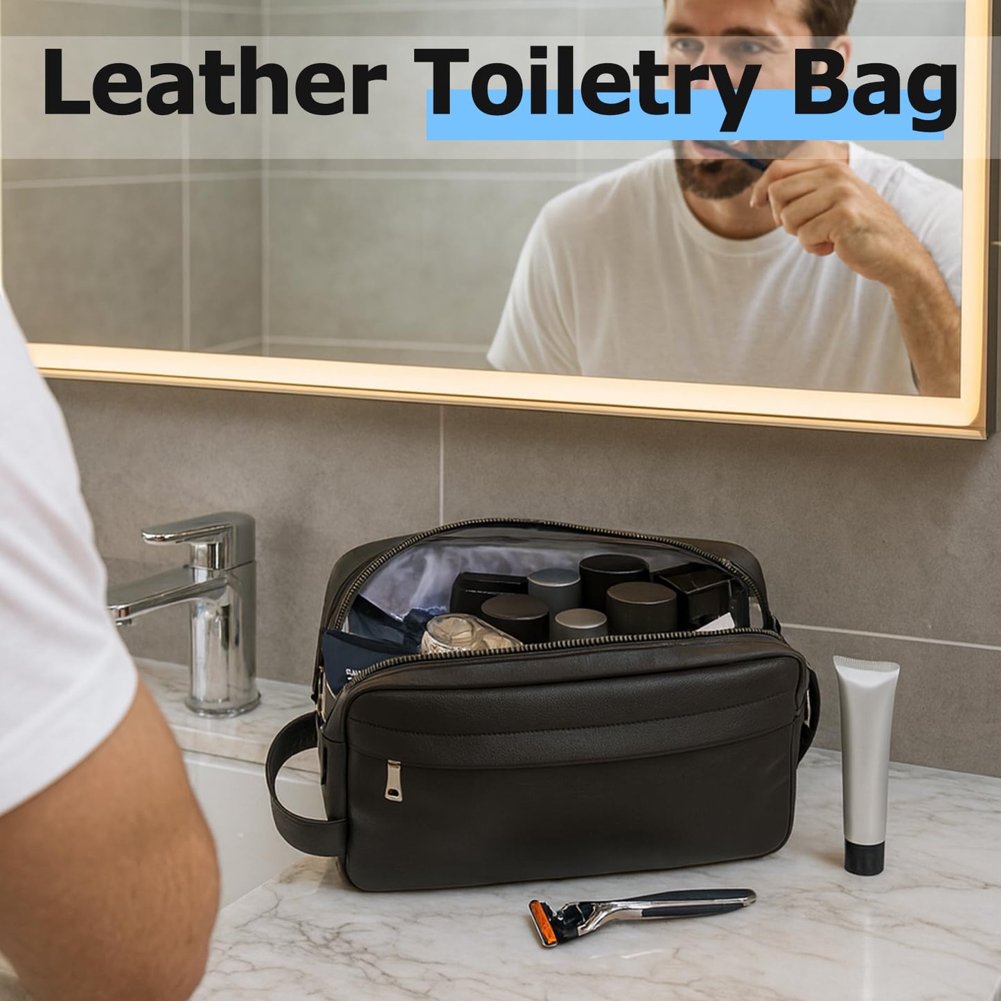 MIRASON Toiletry Bag for Men Leather Travel Toiletry Bag Dopp Kit with Metal Zippers, Water-Resistant Bathroom Bag for Travel Essentials Shaving Bag Gifts for Men, Black