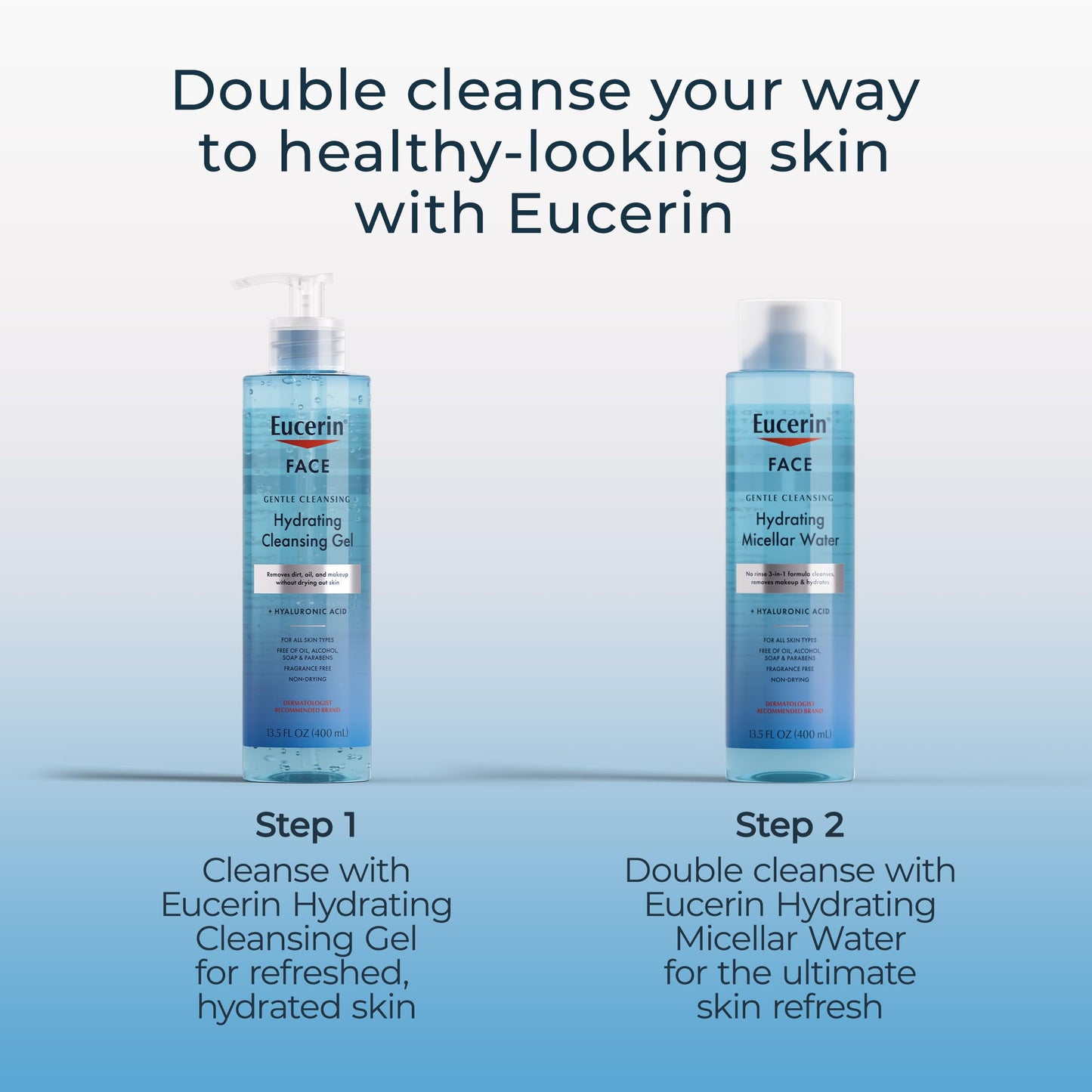 Eucerin Face Gentle Cleansing Hydrating Micellar Water with Hyaluronic Acid, Face Cleanser and Makeup Remover, Fragrance Free and Non-Drying for All Skin Types, 13.5 Fl Oz Bottle