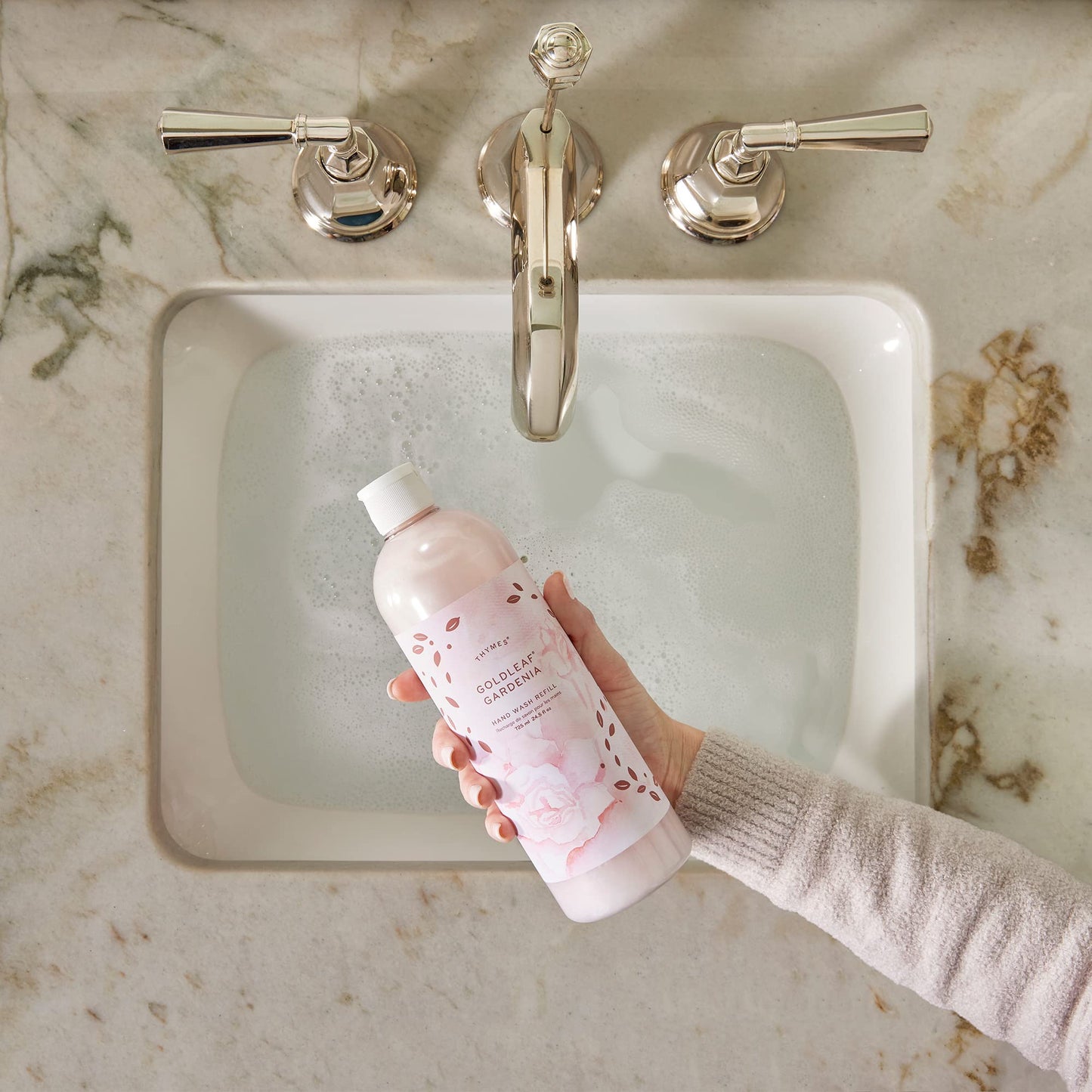 Thymes Hand Wash Refill - Lightly Scented Liquid Hand Soap for Bathroom and Kitchen Refill - Moisturizing Formula with Natural Ingredients (Goldleaf Gardenia, 24.5 fl oz)