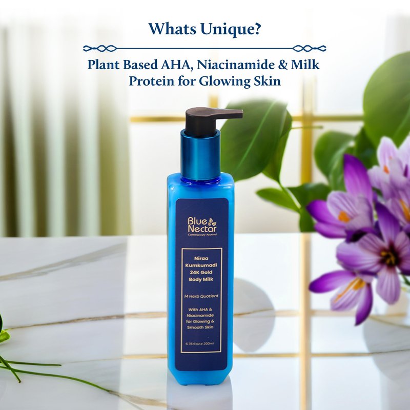 Blue Nectar Gold Body Milk for Women & Men | Body Lotion with Plant Based AHA & Niacinamide | Moisturizer for Body | All Skin Types (14 Herbs, 6.76 Fl Oz)
