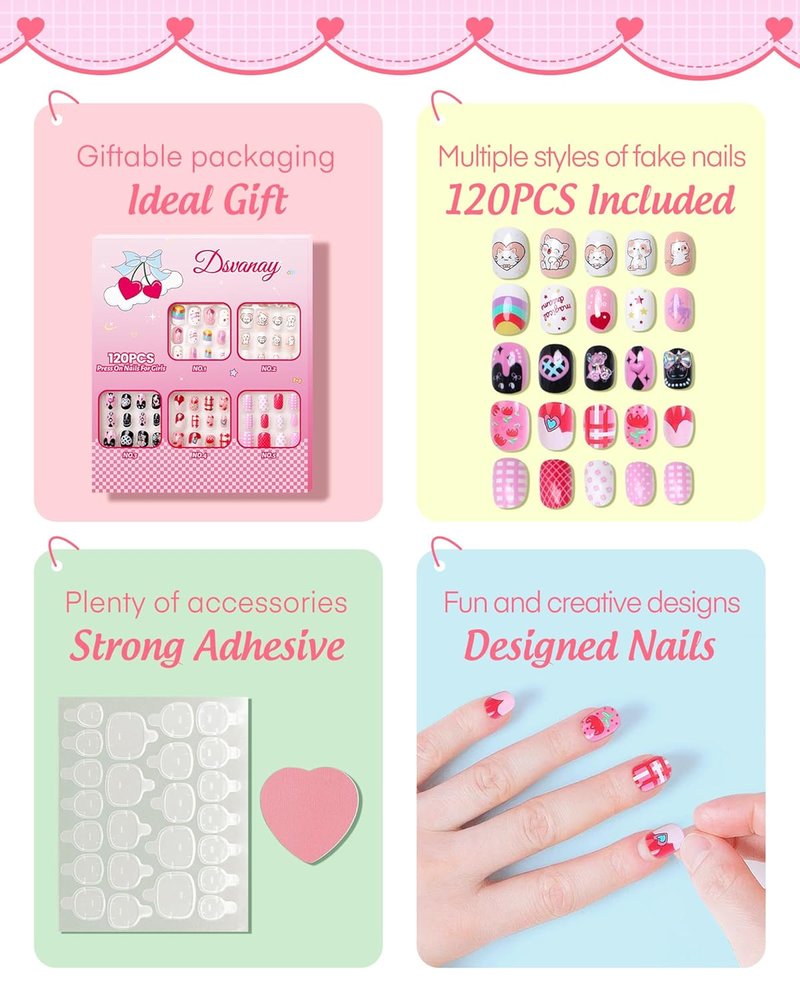 Press On Nails for Kids - 120PCS Glitter Nail Kit | Reusable Full Cover Designs for Ages 8-12