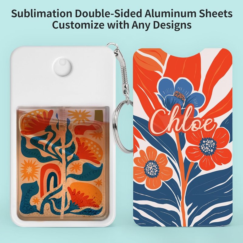 Sublimation Blanks Perfume Spray Bottles - 12 Pack 1FL OZ | White Portable Refillable Travel Sprayers with Key Ring & 16 Double-Sided Aluminum Sheets for DIY