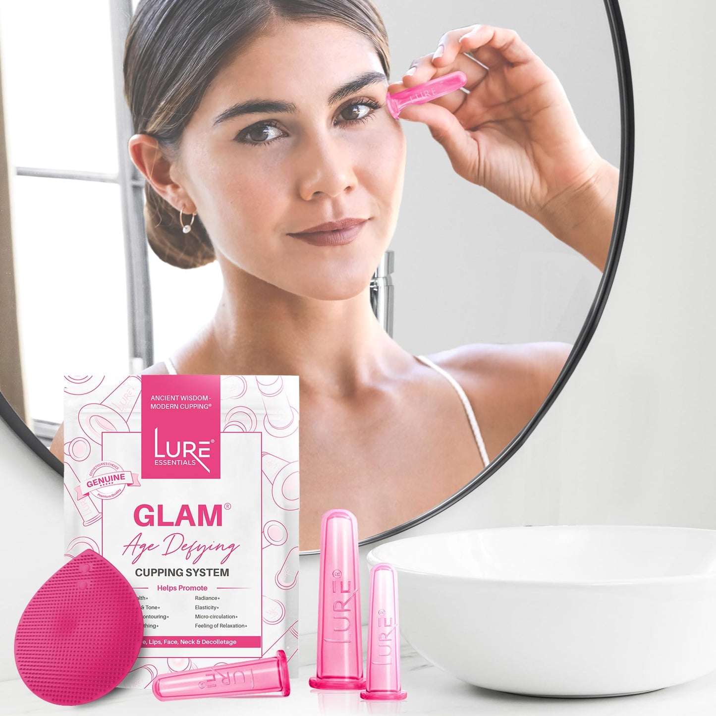 Glam Facial Face Cupping Set - Cupping Therapy Sets Massage Kit with Silicone Cleansing Brush for Instantly Ageless Skin, Works for Fine Lines & Wrinkles, Improves Collagen (GLAM - Pink)