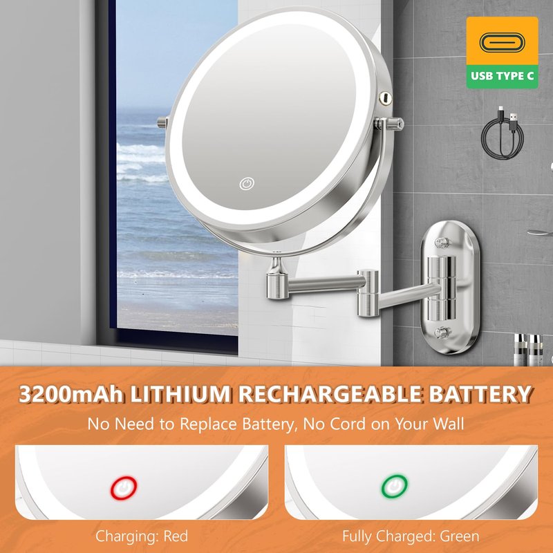 Auxmir 1X/30X Wall Mounted Lighted Makeup Mirror, 8" Rechargeable Double-Sided Magnifying Mirror with Light, Touch Dimmable 3 Color Light, 360° Rotation Foldable Extended Arm, Chrome