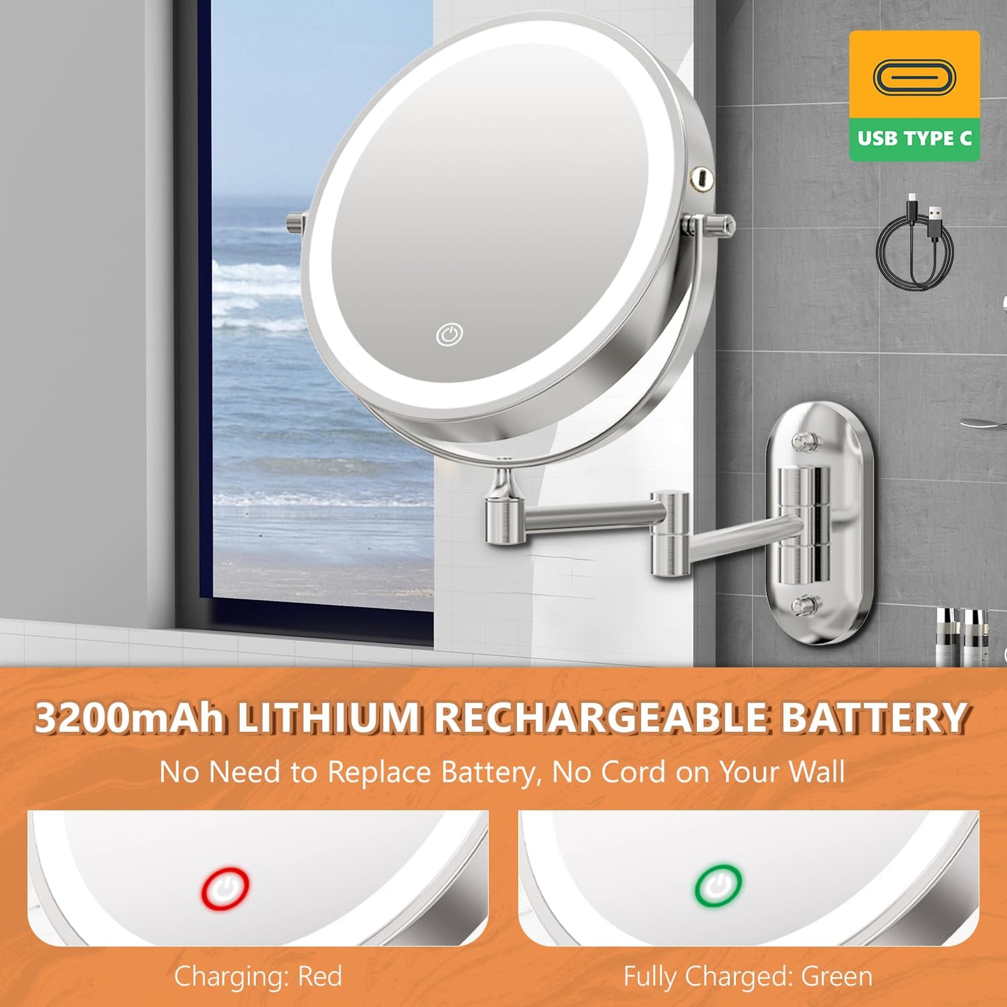 Auxmir 1X/30X Wall Mounted Lighted Makeup Mirror, 8" Rechargeable Double-Sided Magnifying Mirror with Light, Touch Dimmable 3 Color Light, 360° Rotation Foldable Extended Arm, Chrome