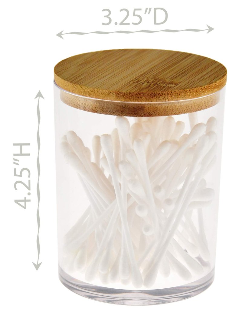 ARAD 3 Pcs Cotton Ball, Swab, Q-tip Storage, Clear Acrylic Jar Container with Bamboo Lid, Easy Organization on Bathroom Counters, Under Sink Placement or Vanity Tables-3.25" D x 4.5" H