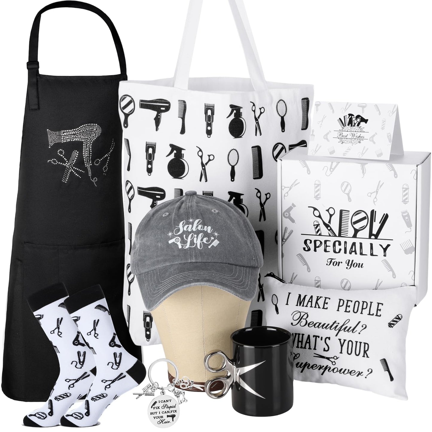 Blosssound 9 Pcs Hairdresser Gifts Set Hair Stylist Gifts with Socks Keychain Scissors Coffee Mug and Apron Makeup Bag Cards Inspirational Graduation Gift Salon Present for Hairdresser
