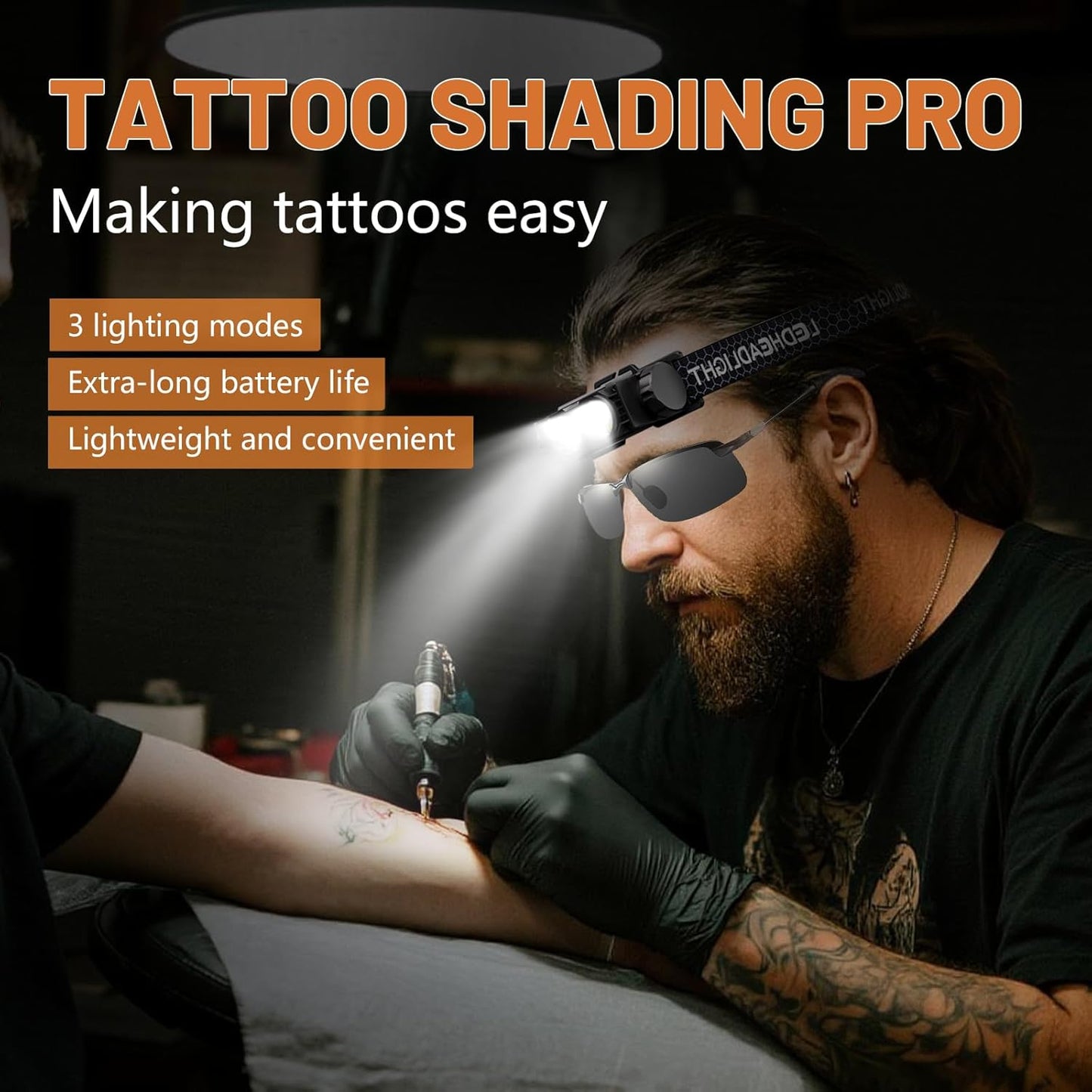 LED Tattoo Work Light Kit - Polarized Headlamp & Vision Glasses for Artists | Touch Up Tattoo Colors